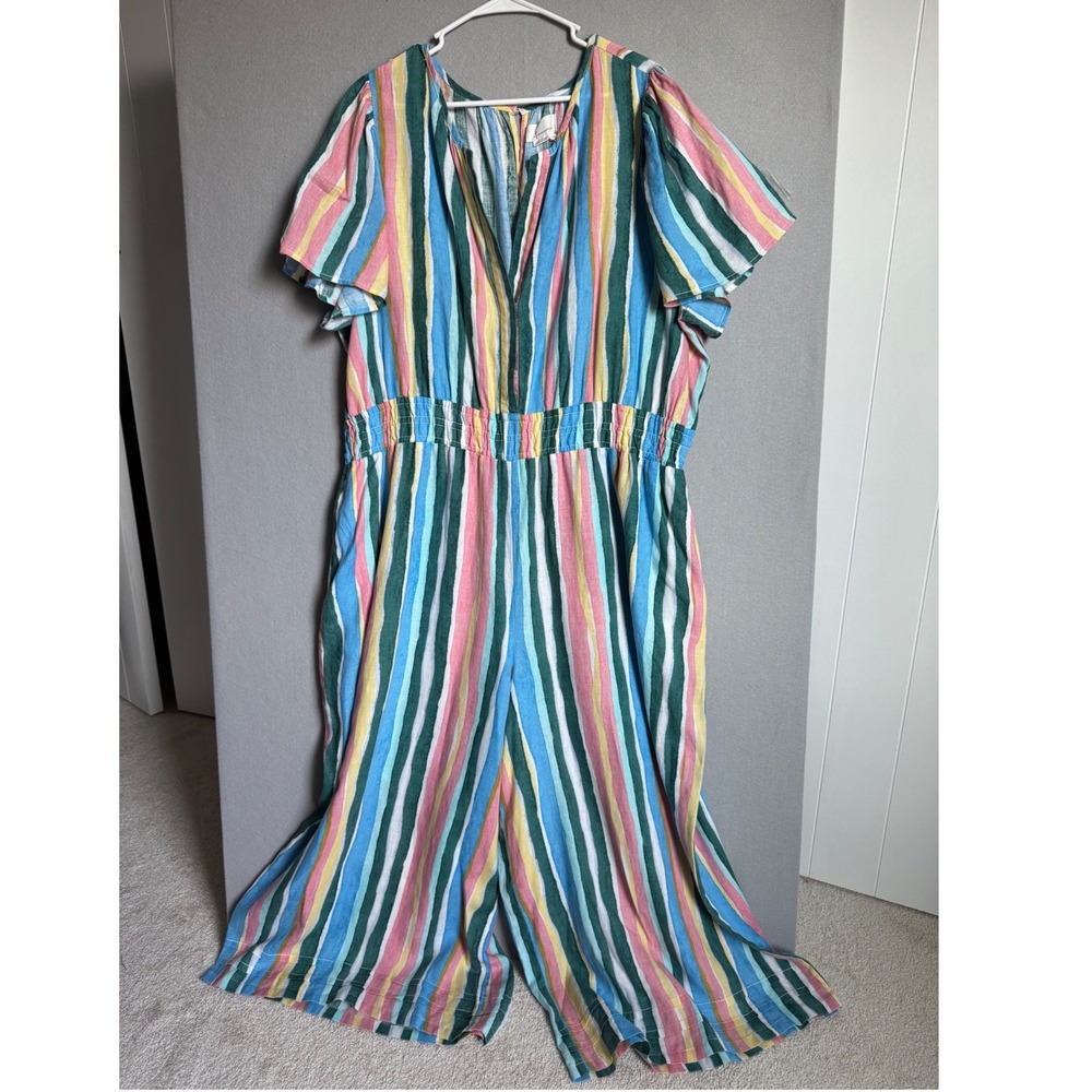 Anthropologie Somerset Jumpsuit Women 3X Multicolor Striped Linen Wide Leg 23"